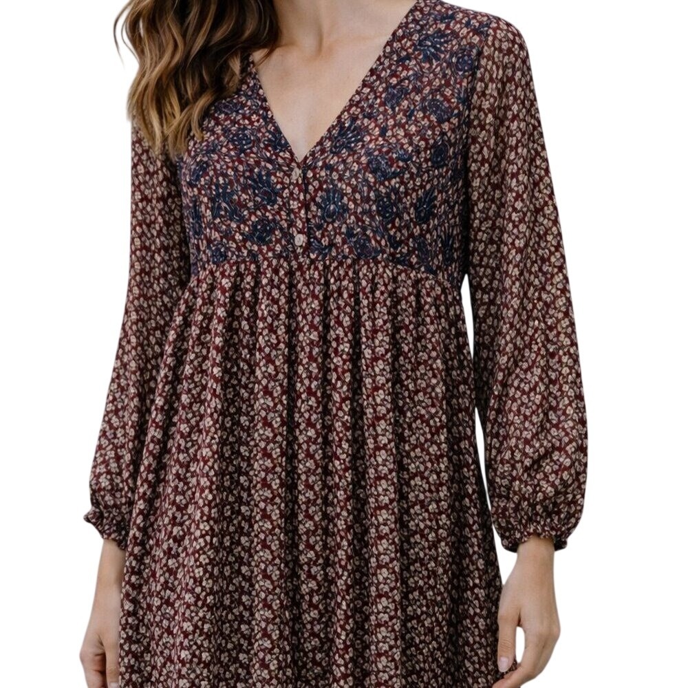 JodiFL Babydoll‎ Dress Women Small Burgundy Floral Embroidered Long Sleeve